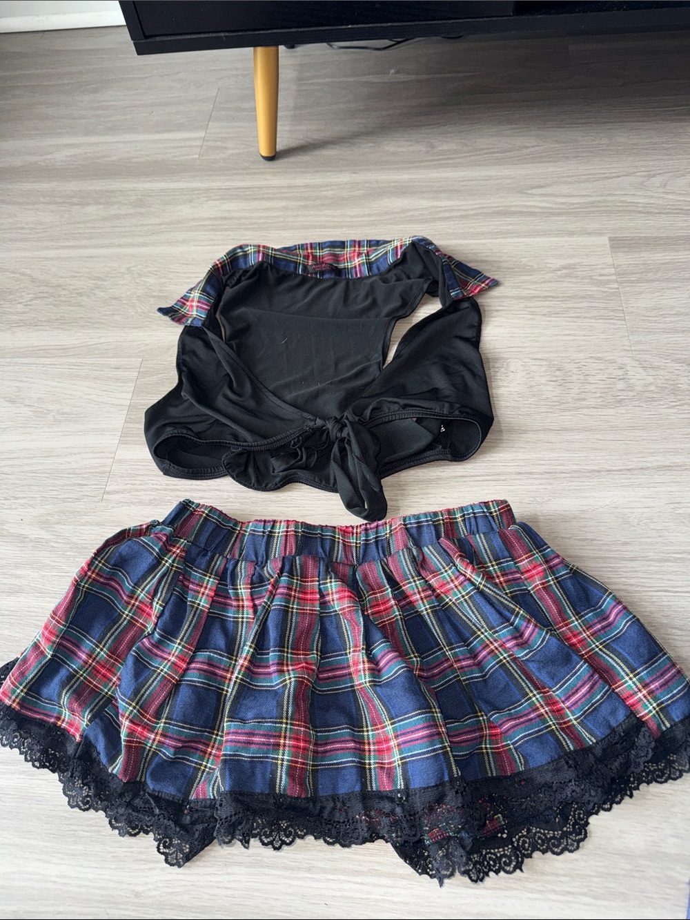 Black and Navy Plaid Mini Skirt with Lace Trim